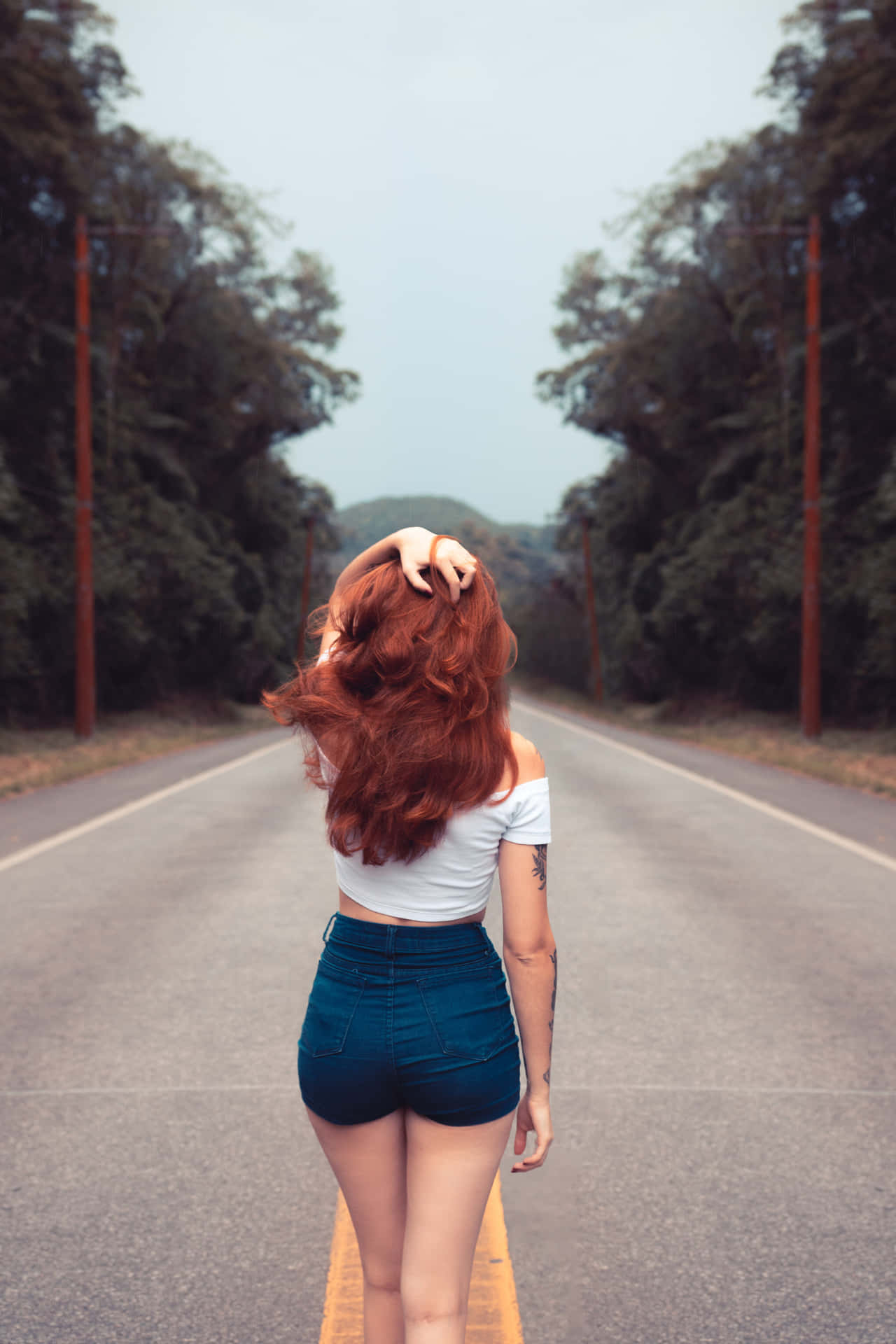 Girl Posing Middle Of Road Wallpaper