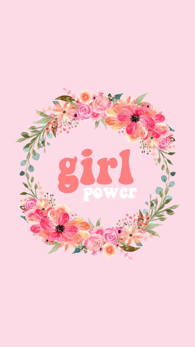 Girl Power Floral Wreath Pink Background Wallpaper