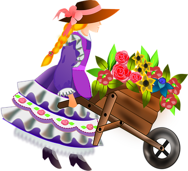 Girl Pushing Flower Cart Illustration PNG