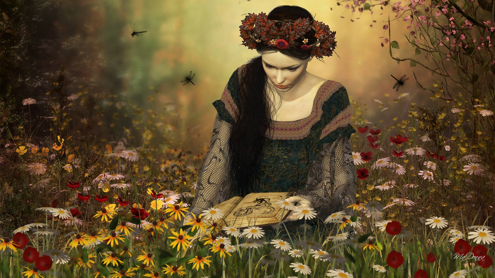 Girl Reading Book In Garden Wallpaper