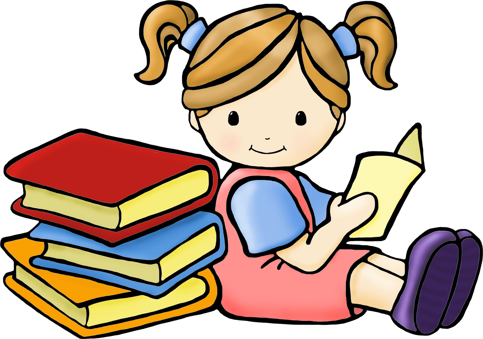 Girl Reading Books Cartoon PNG