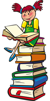 Girl Readingon Book Pile PNG