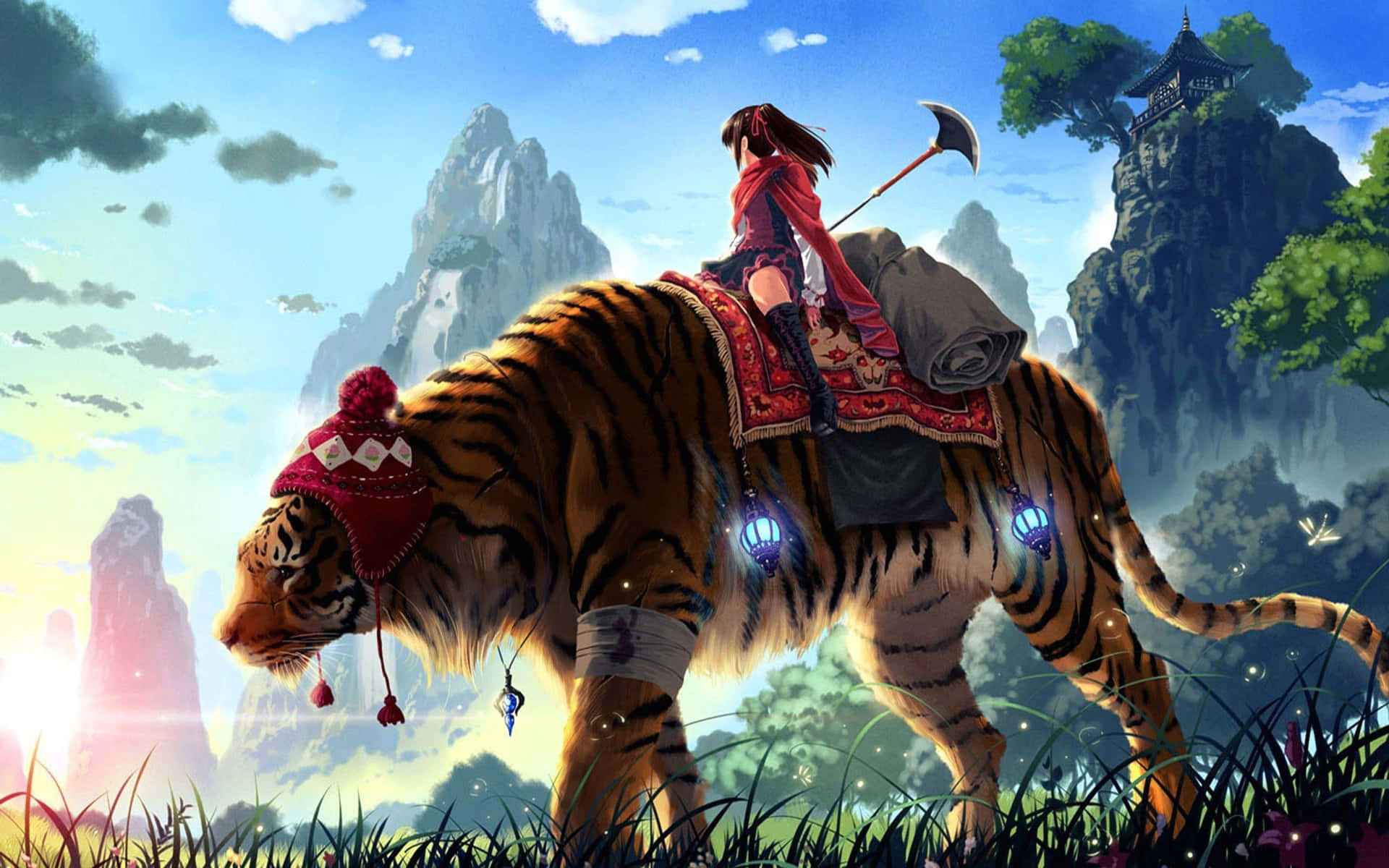 Girl Riding Huge Tiger Wallpaper
