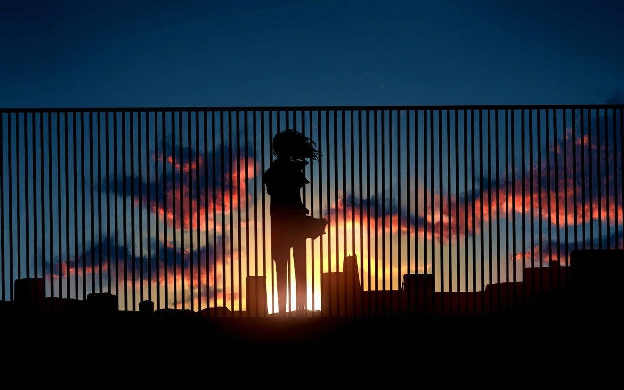 Girl Roof Fence Anime Aesthetic Sunset Wallpaper