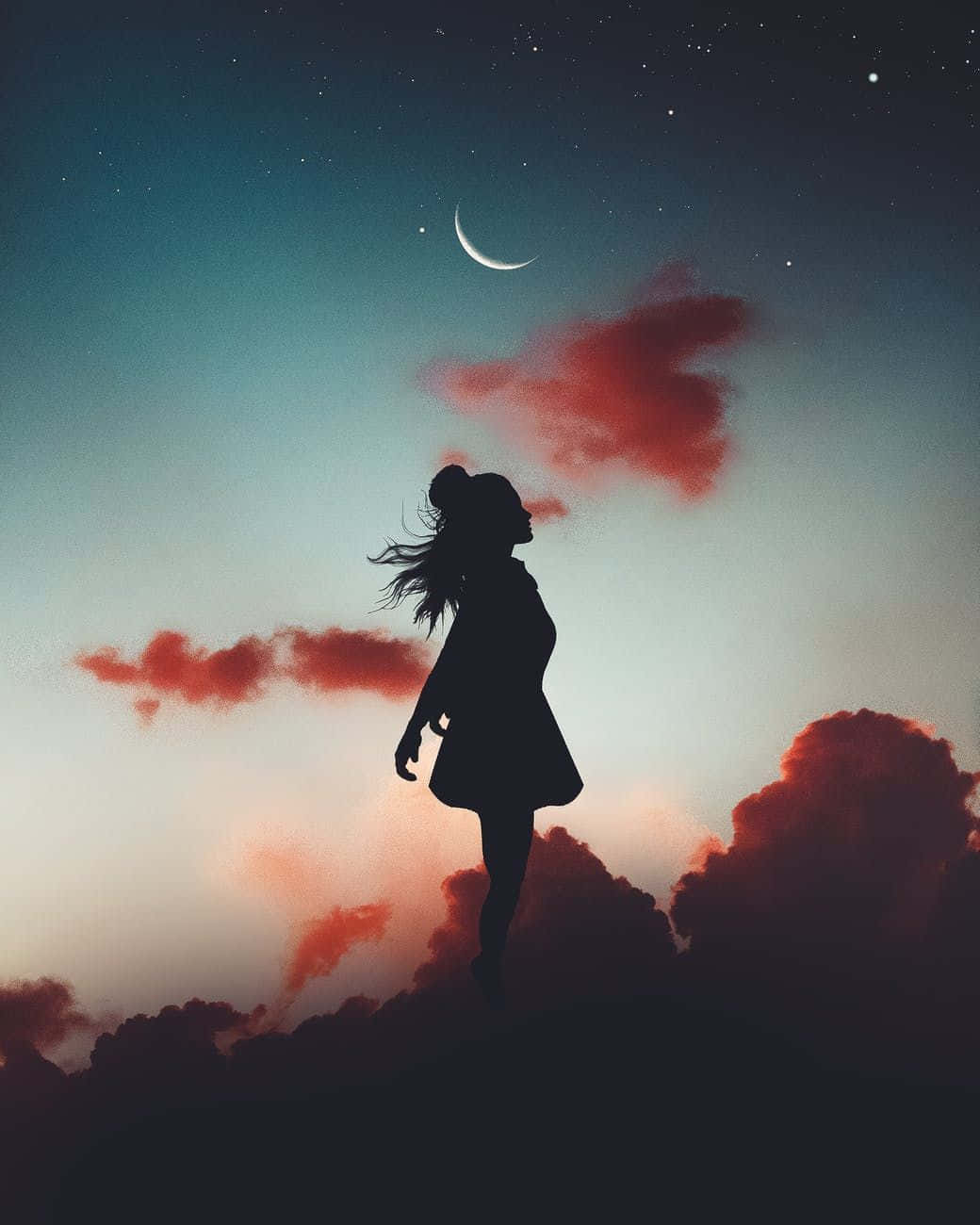 A Silhouette Of A Girl Standing On Top Of A Hill With The Moon And Stars