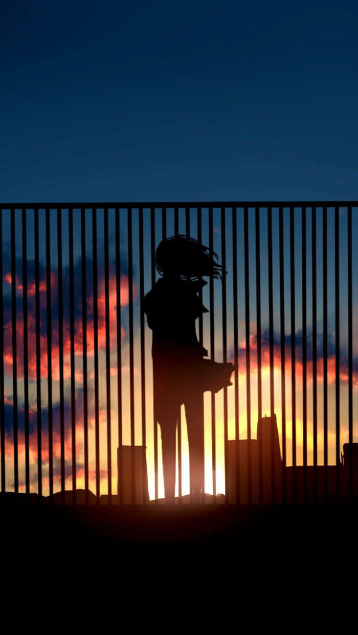 Silhouette Of A Woman Standing Behind A Fence At Sunset