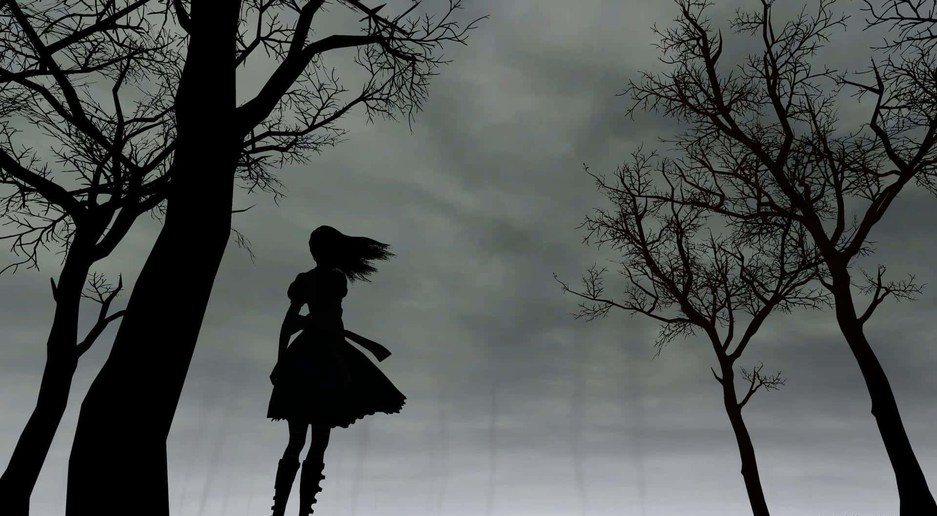 A Silhouette Of A Woman Walking Through The Woods