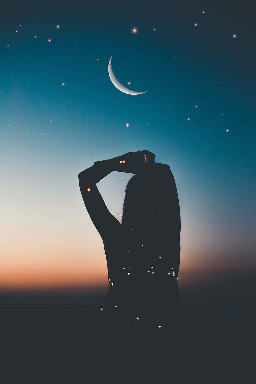 Mädchensilhouette Nachthimmel Mond Wallpaper