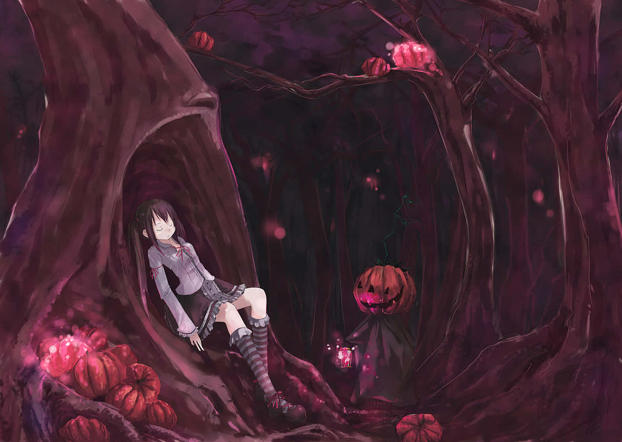 Flickasom Sover I En Läskig Anime-halloween Skog. Wallpaper