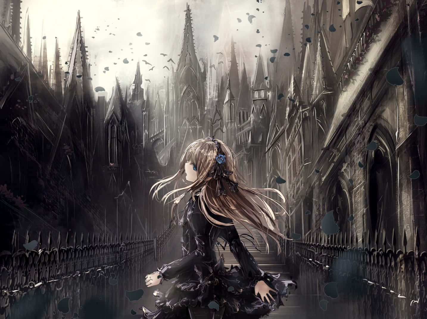 Girl Standing In Goth Anime Scene Wallpaper