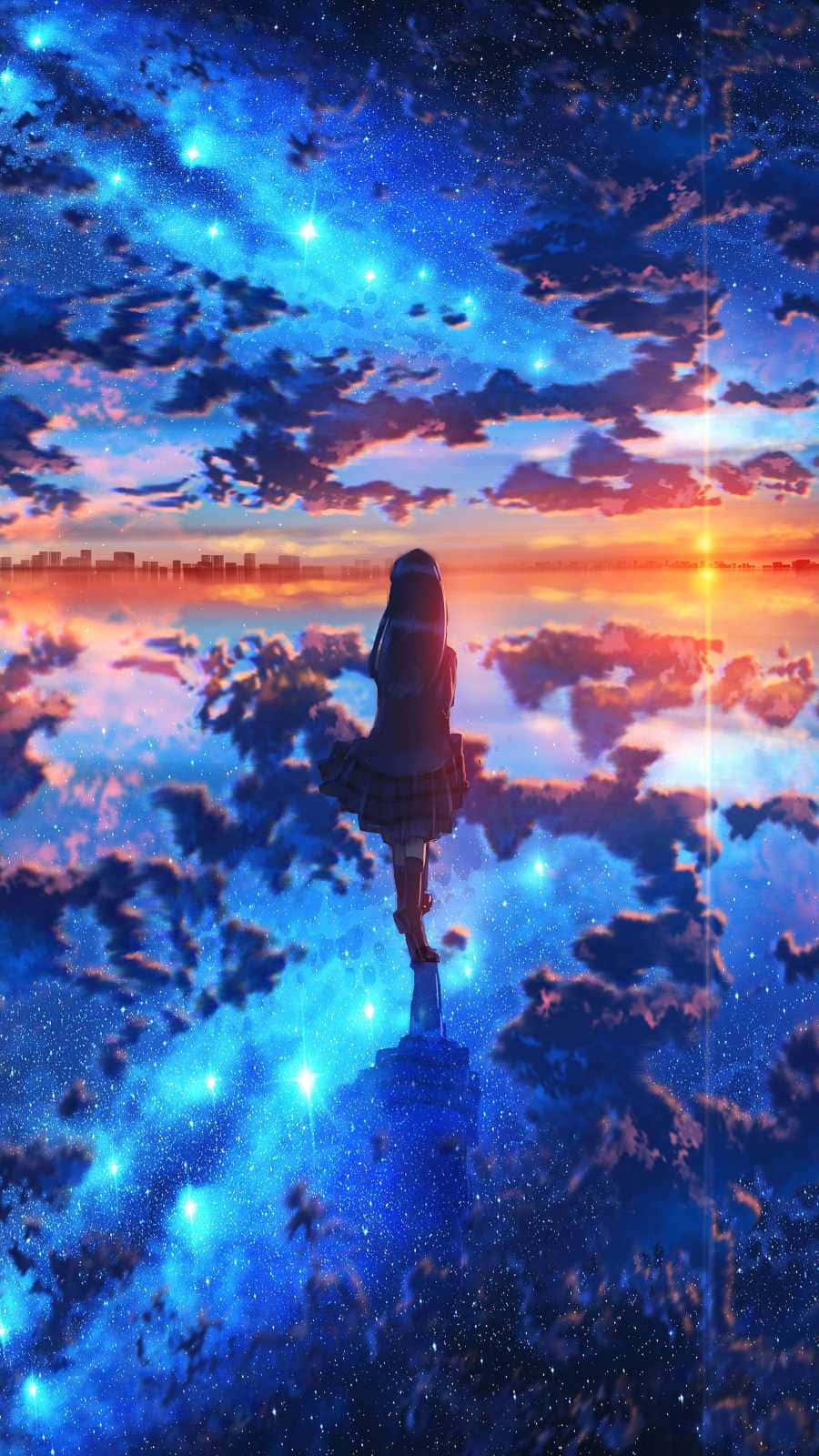 Pige stående på stranden aften anime scene Wallpaper