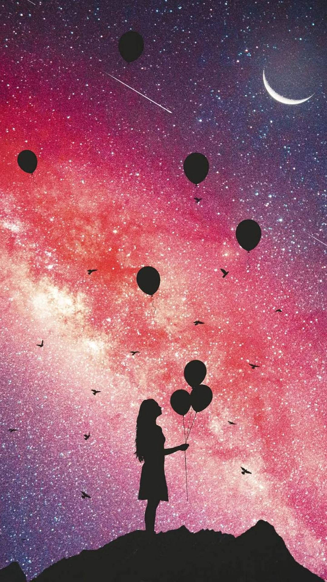 Girl Staring At Balloons In Cute Galaxy Background