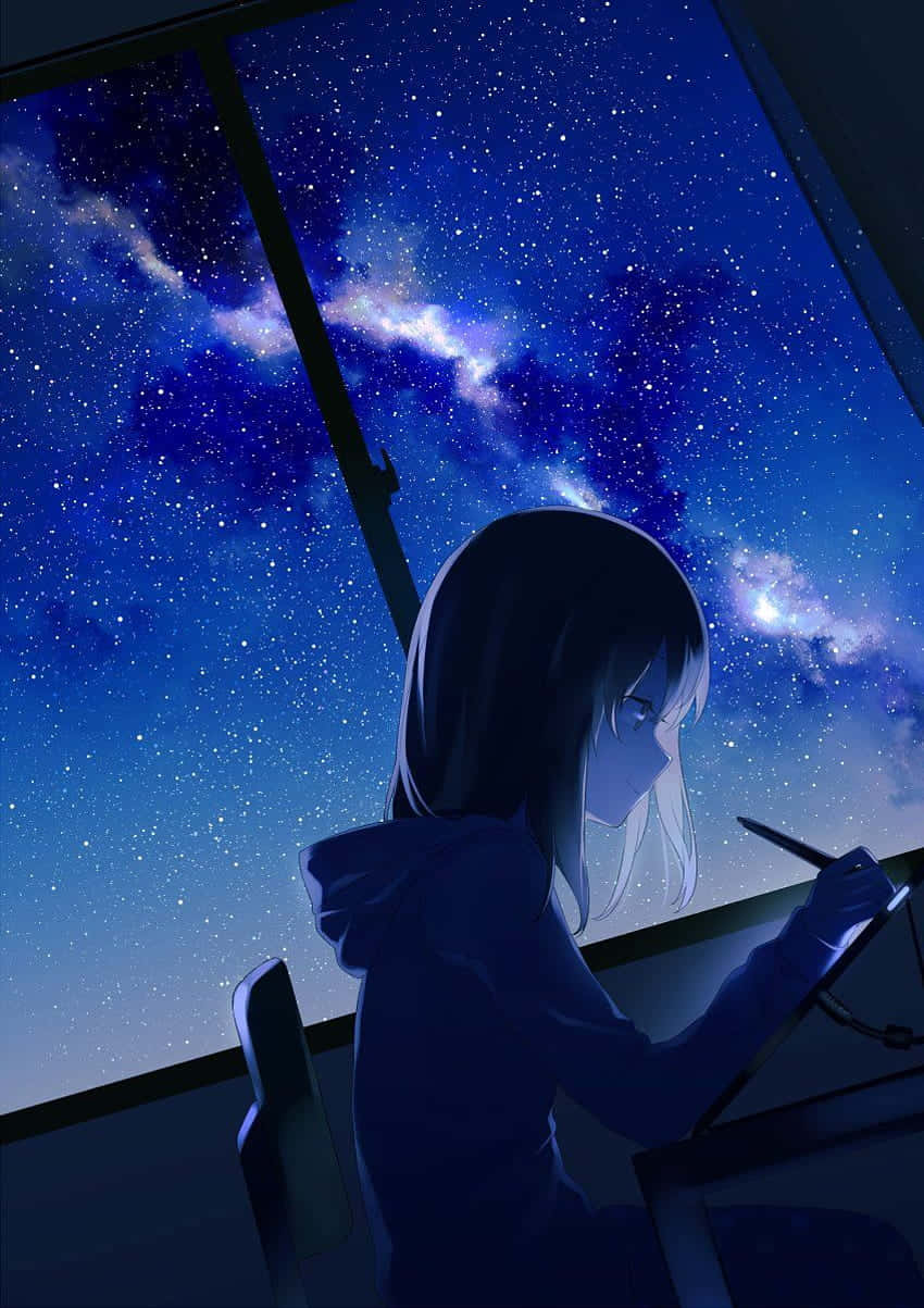 Flickastuderar Vid Fönstret På Natten Med Anime Som Bakgrundsbild. Wallpaper