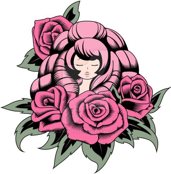 Girl Surrounded By Roses Art PNG