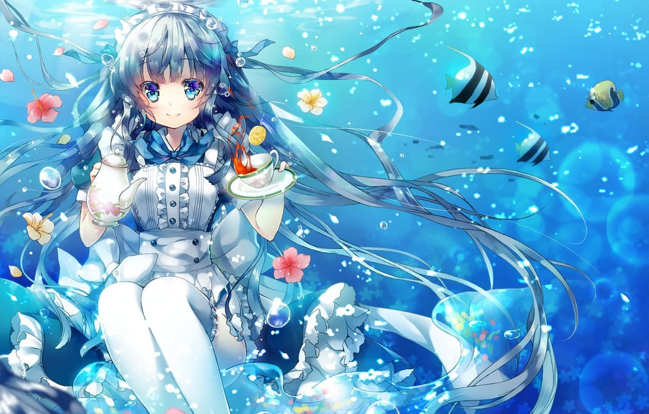 Girl Under Ocean With Fish And Bubble Anime Wallpaper