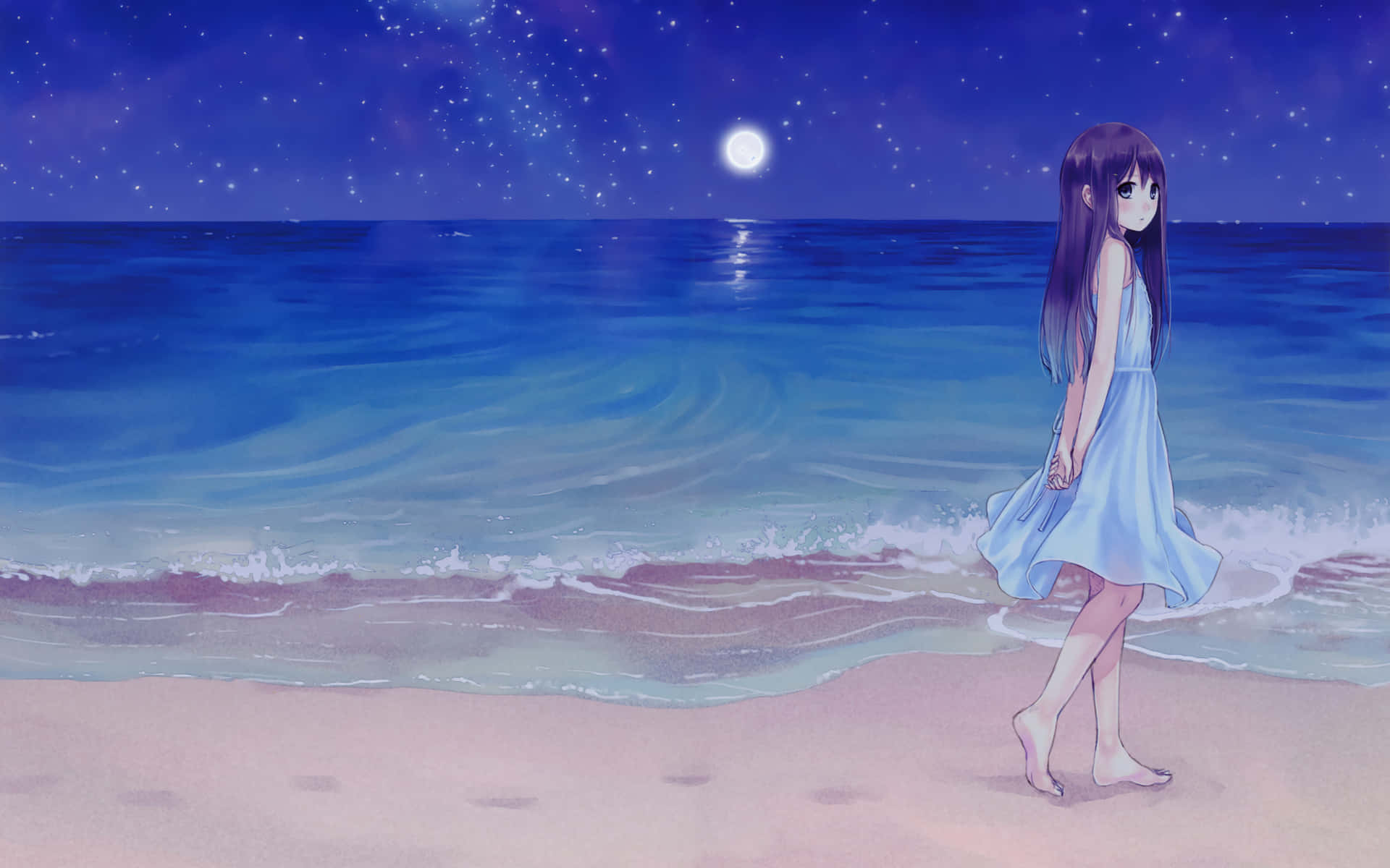 Garotacaminhando Ao Longo Da Praia À Noite Em Cenário De Anime. Papel de Parede