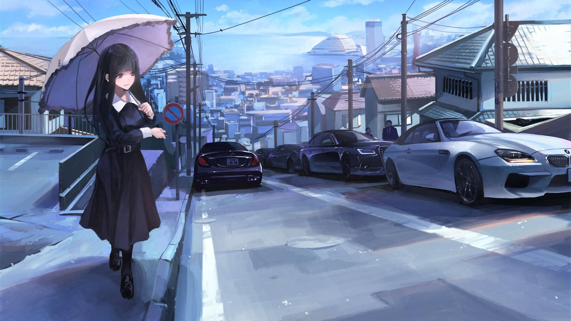 Girl Walking Near A Car Anime Background
