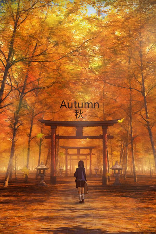 Pige går til Torii Gate Fall Anime Landskab Tapet Wallpaper