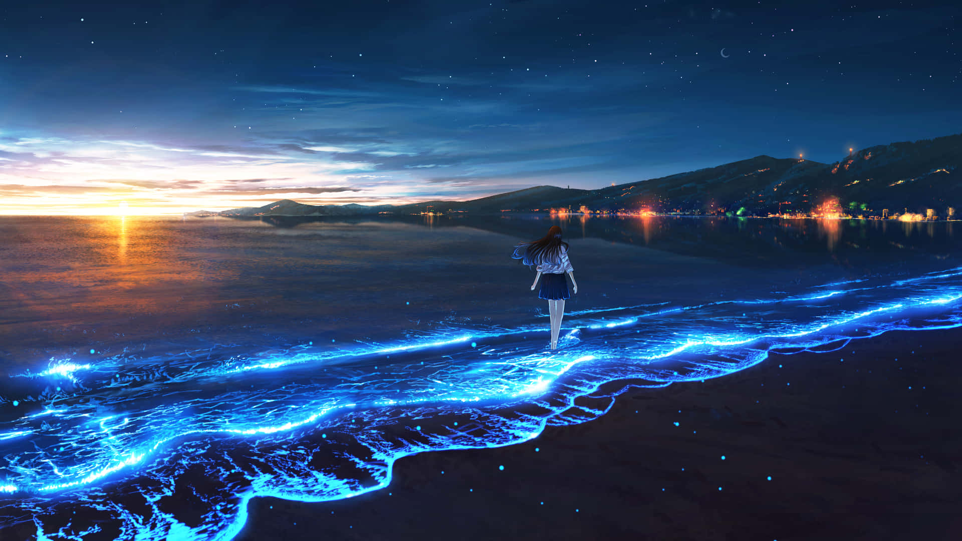 Girl Walking With Bioluminescence Under Evening Sky Wallpaper