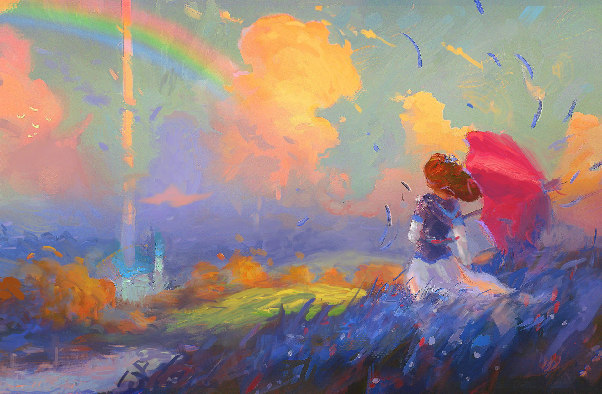 Girl Watching Rainbow Painting Desktop Wallpaper