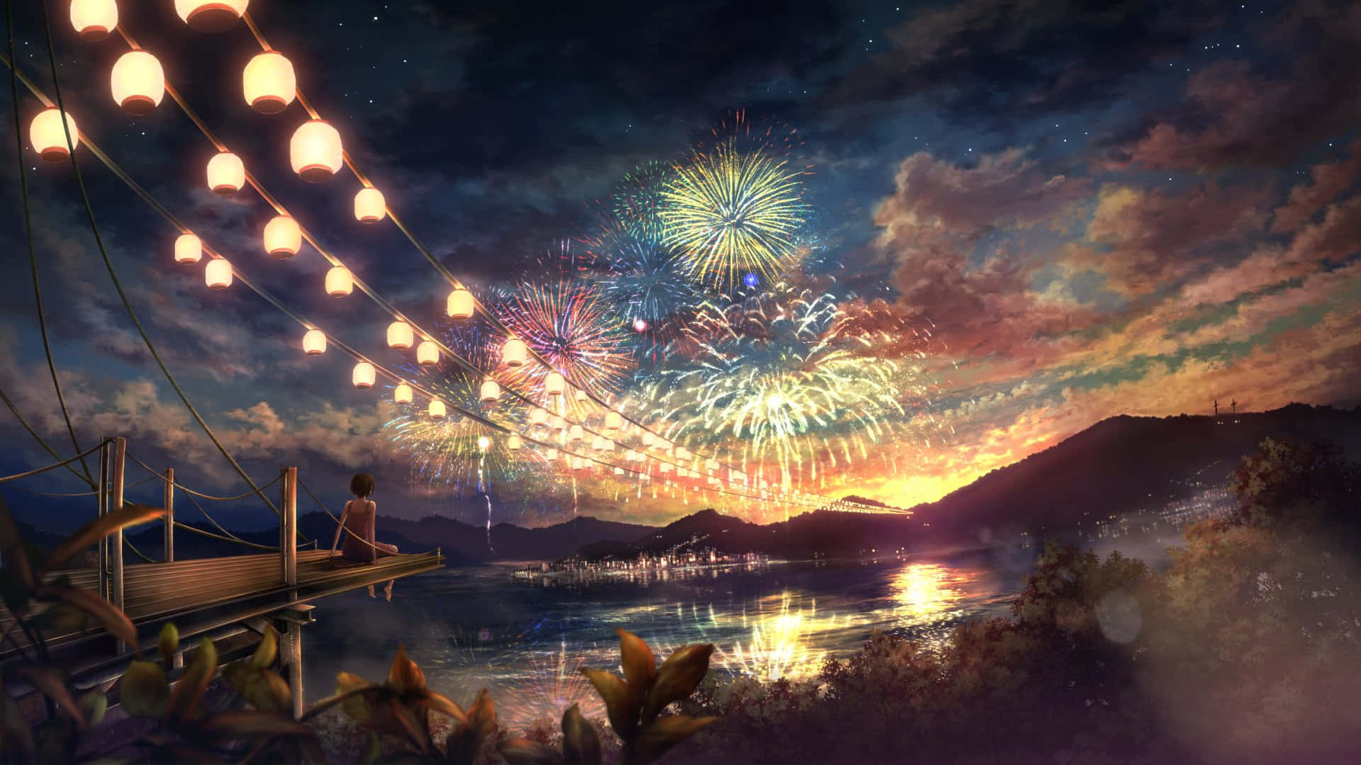 Girl Watching The Fireworks Display Painting Wallpaper