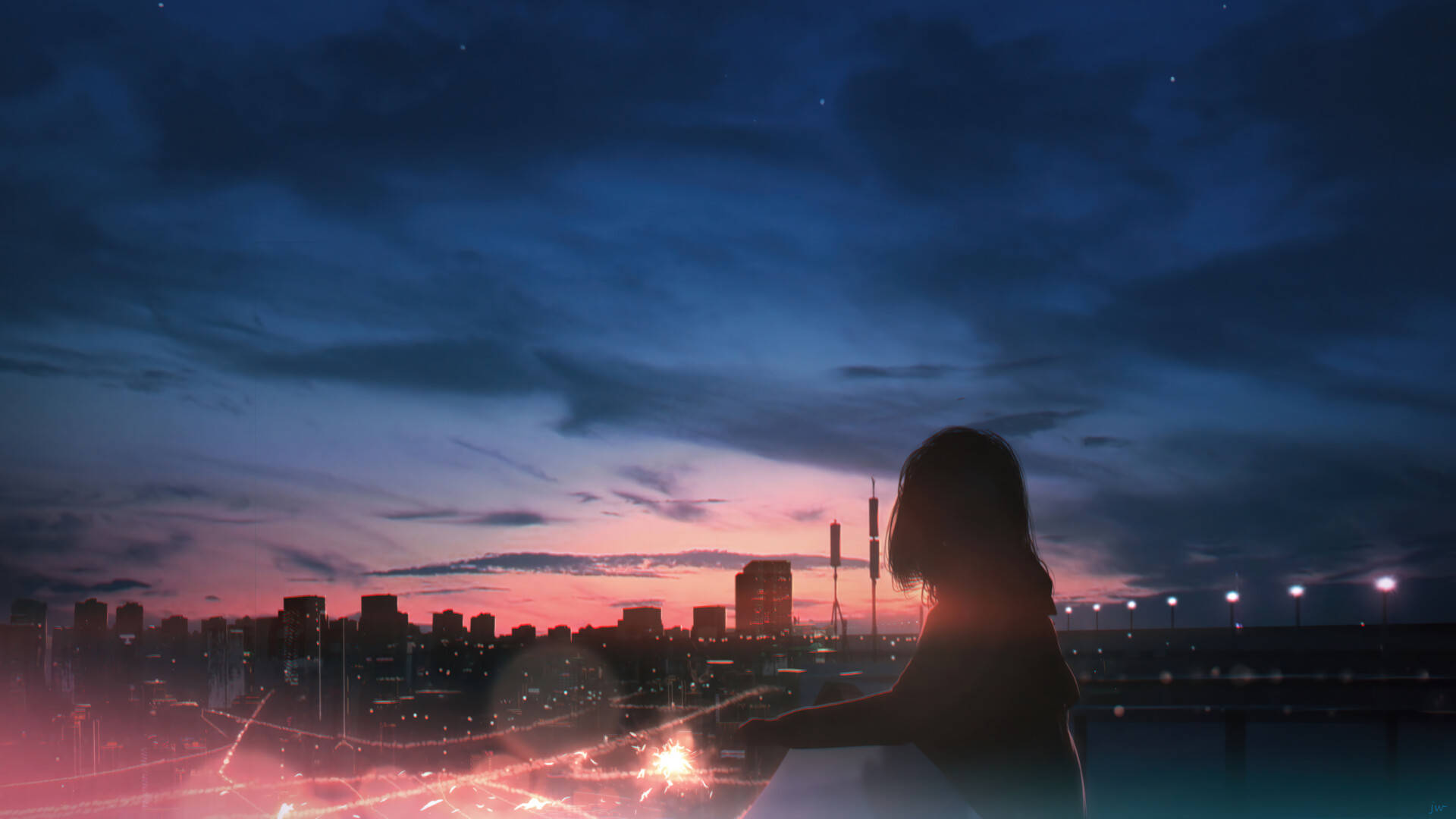 Girl With Fireworks Anime Aesthetic Sunset
