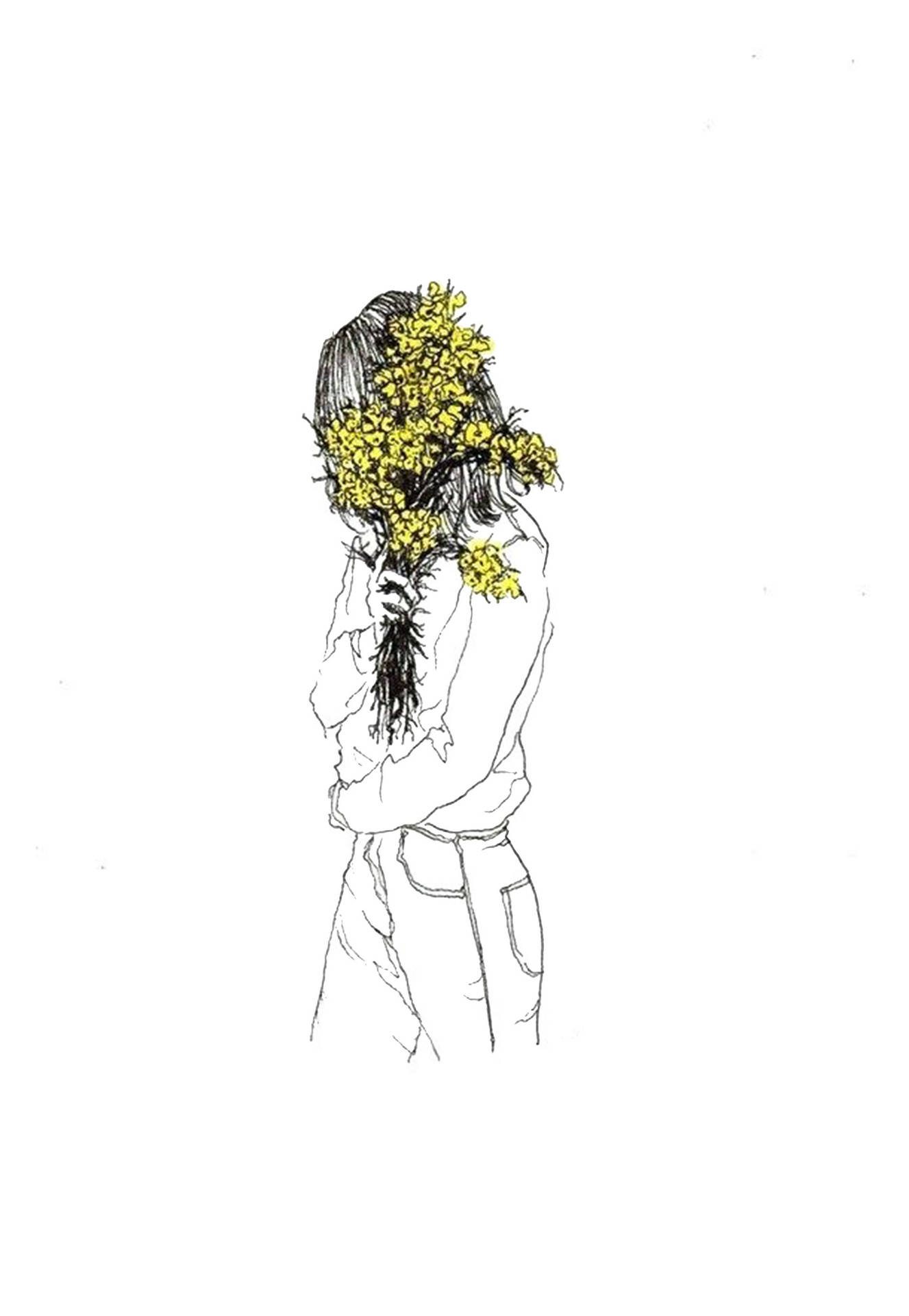 Girl With Flowers Sad Drawing Wallpaper