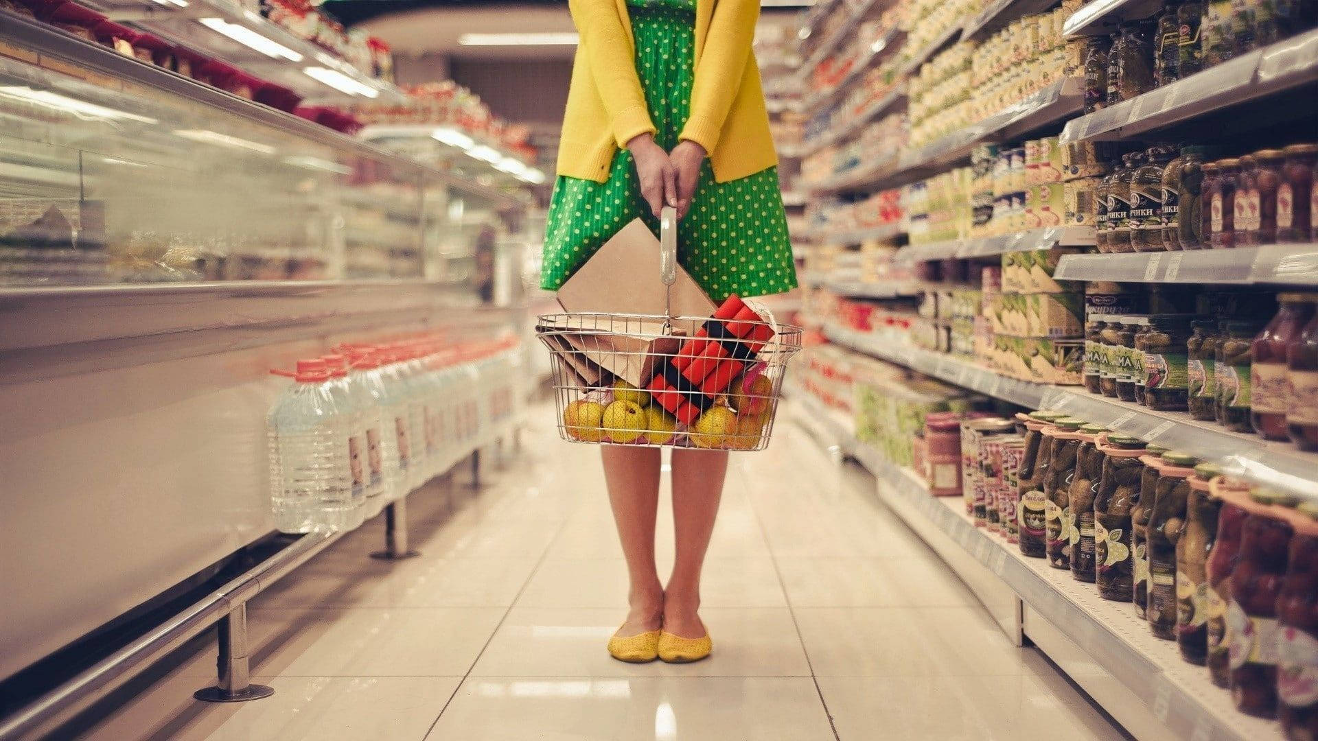 Girl With Grocery Store Basket Wallpaper