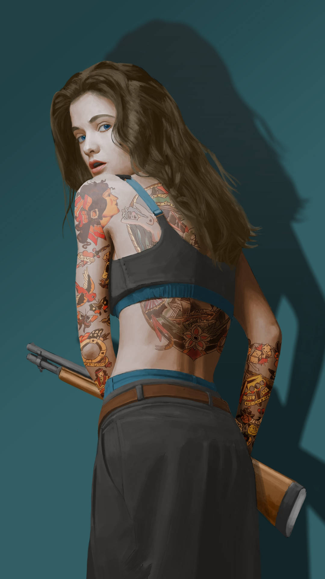 Mädchenmit Hd-tattoo Und Waffe Wallpaper
