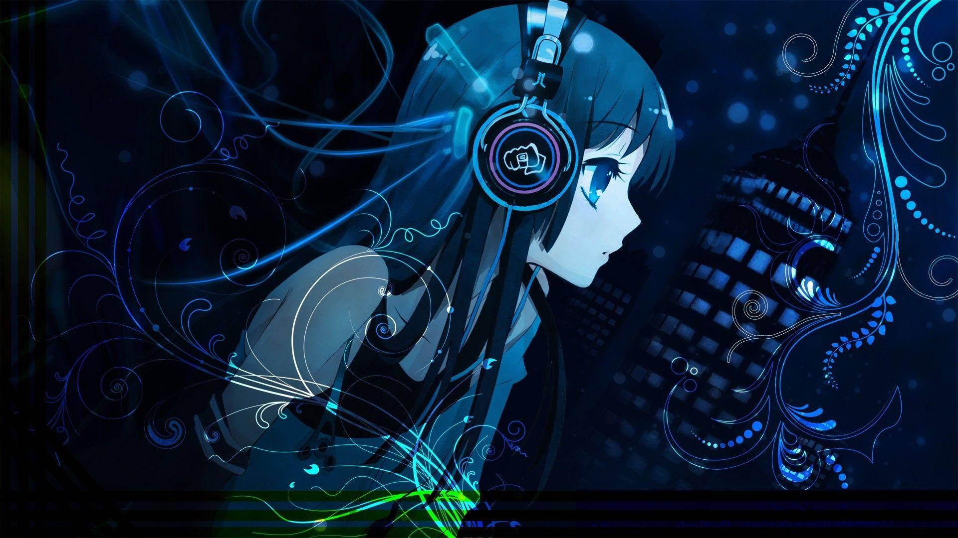 Girl With Headphones Anime Blue Background
