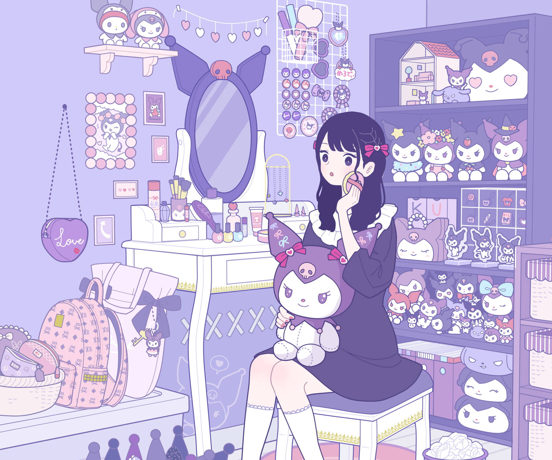 Girl With My Melody Kuromi Stuffed Toys Wallpaper