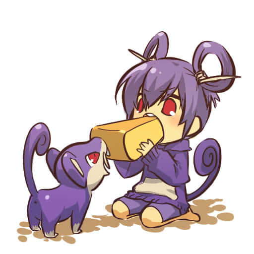 Girl With Purple Hair And Clothes Eating Cheese With Pokemon Rattata Wallpaper