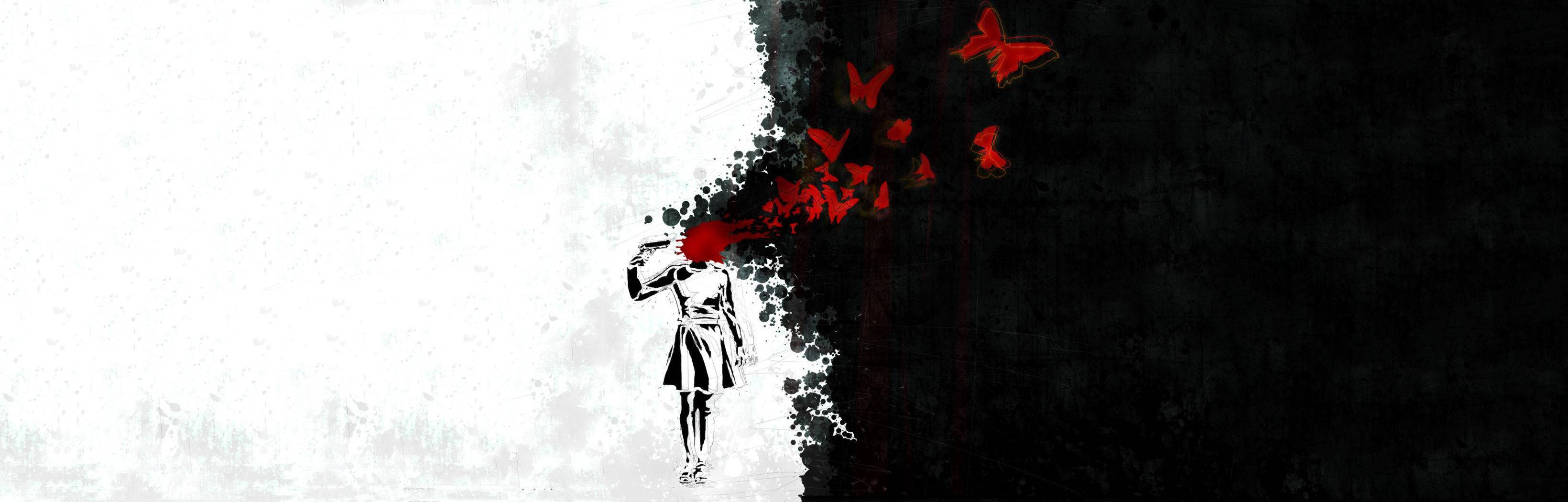 Girl With Red Butterflies Dual Monitor Wallpaper