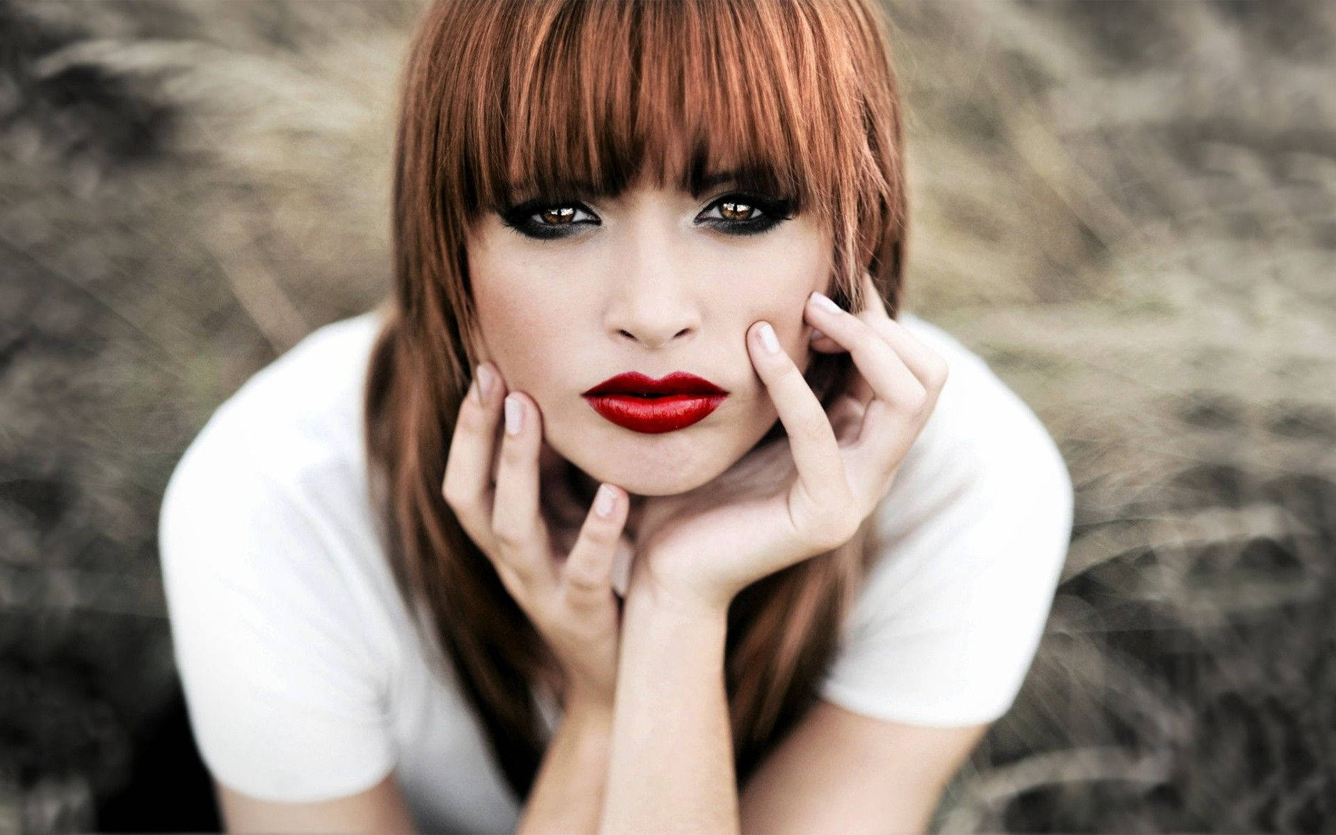 Girl With Red Lips And Fringe Hair Wallpaper