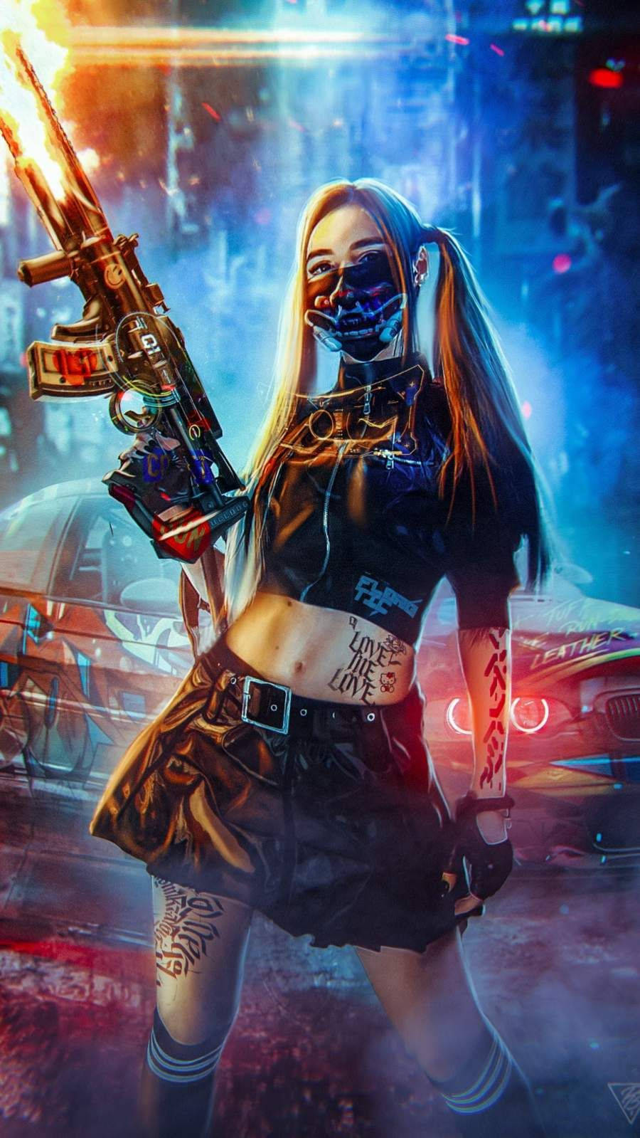 Girl With Tattoo Cyberpunk Iphone X Wallpaper