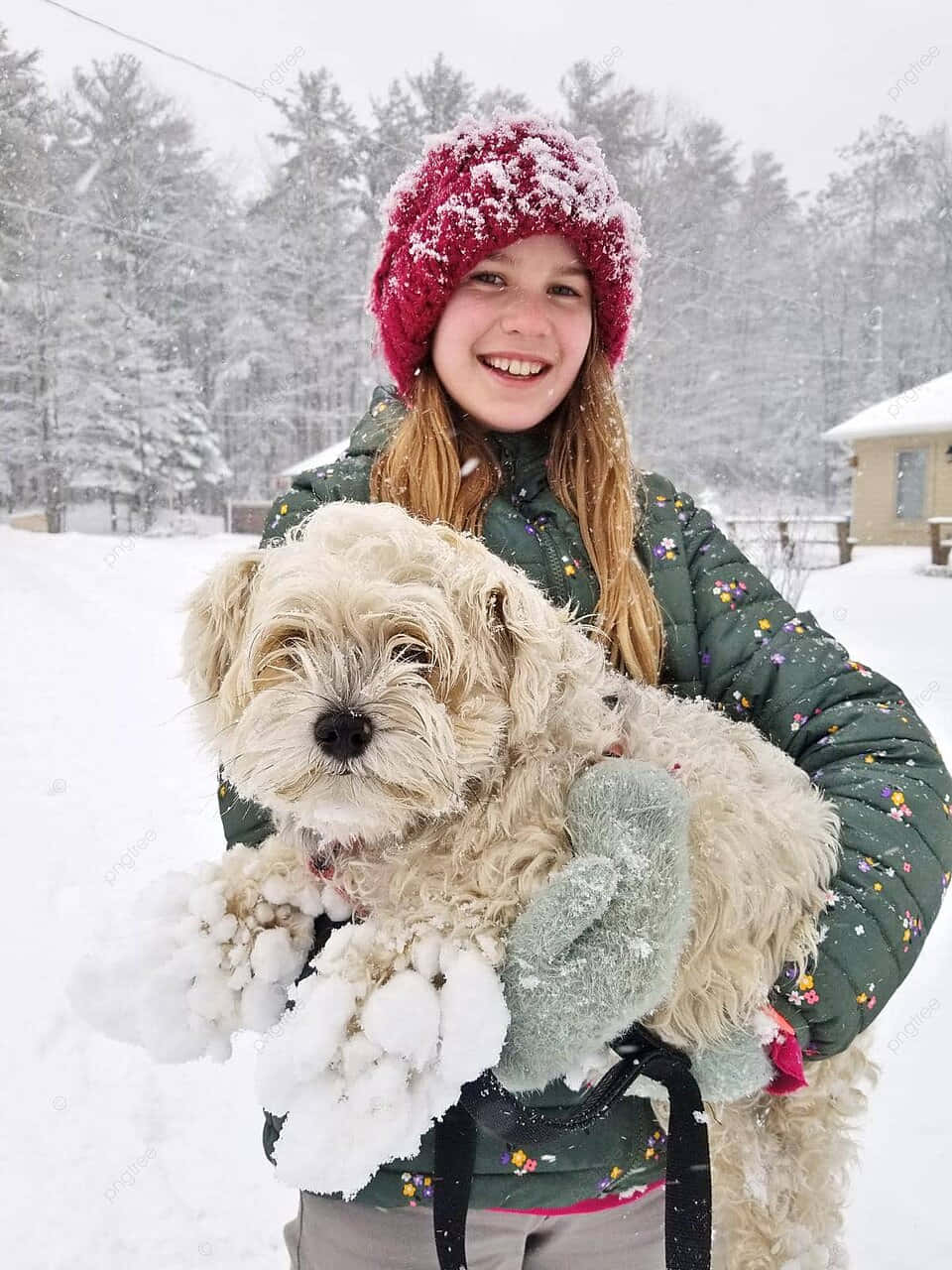 Meisje En Sneeuwige Hond Winter Scene Achtergrond