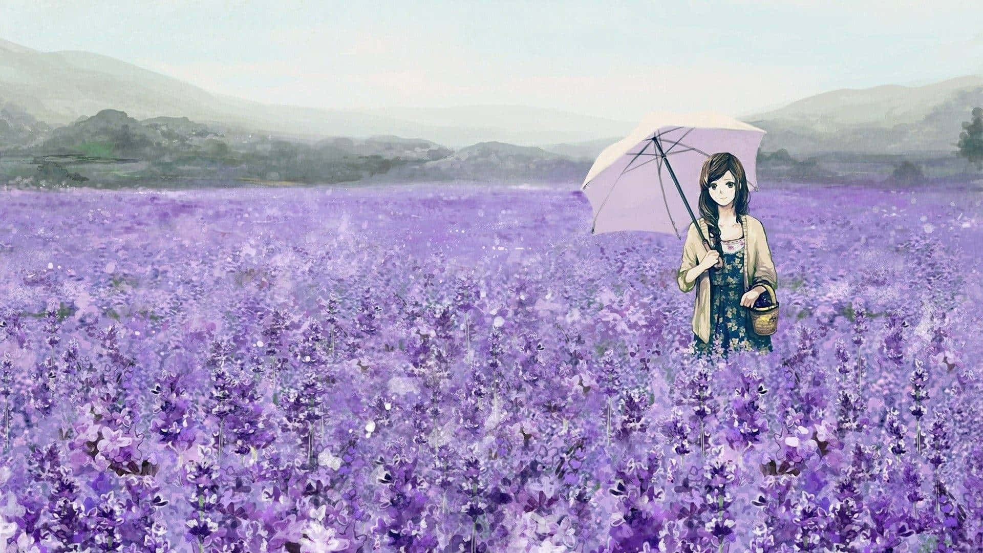 Girlin Lavender Fieldwith Umbrella Wallpaper