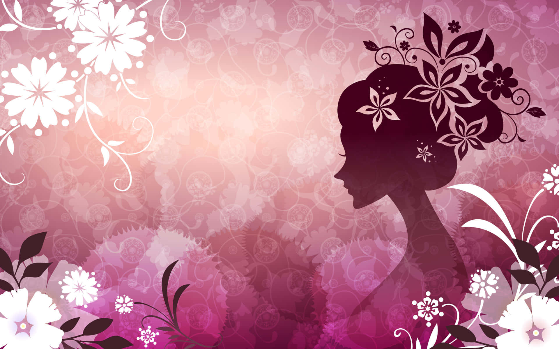 A Woman's Silhouette With Flowers On A Pink Background