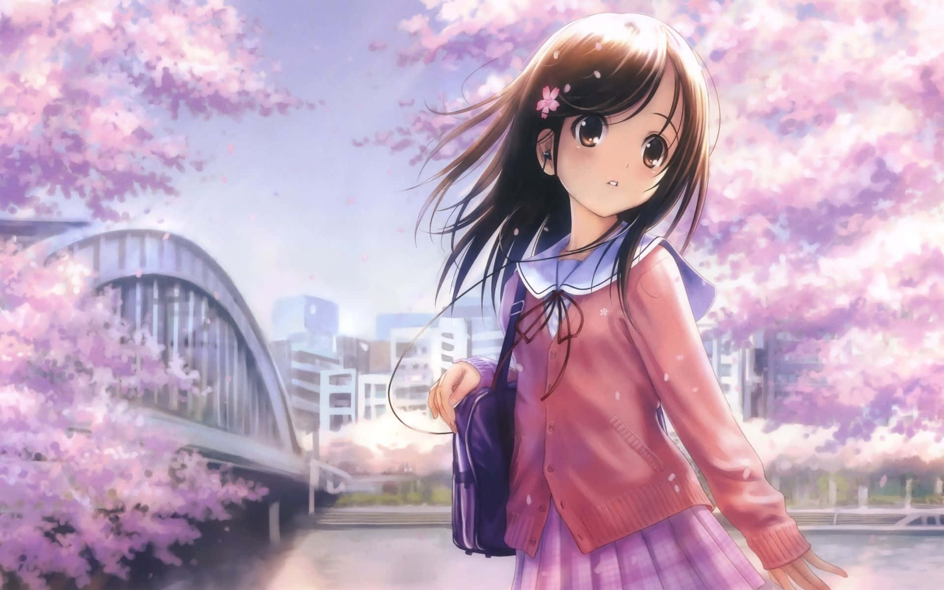 Anime Girl In Pink Dress Standing In Front Of Cherry Blossoms