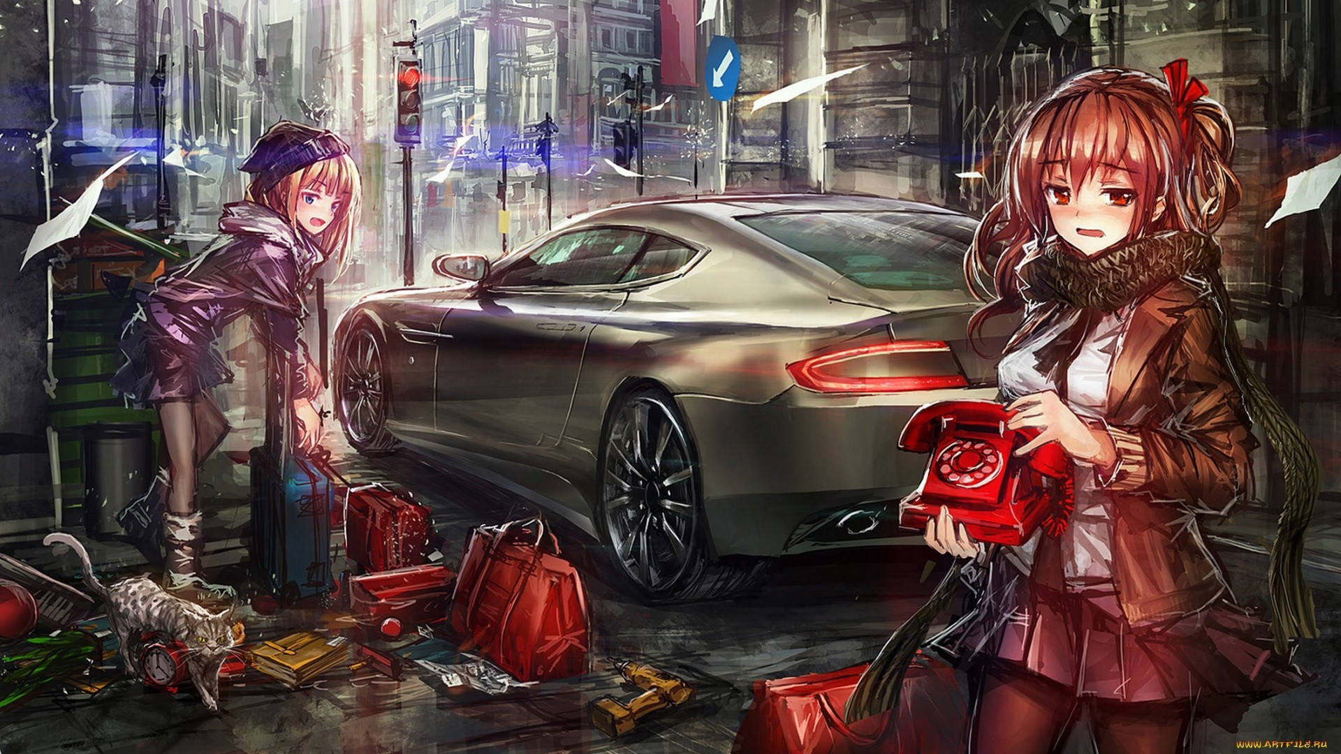 Girls And An Aston Martin Car Anime Wallpaper