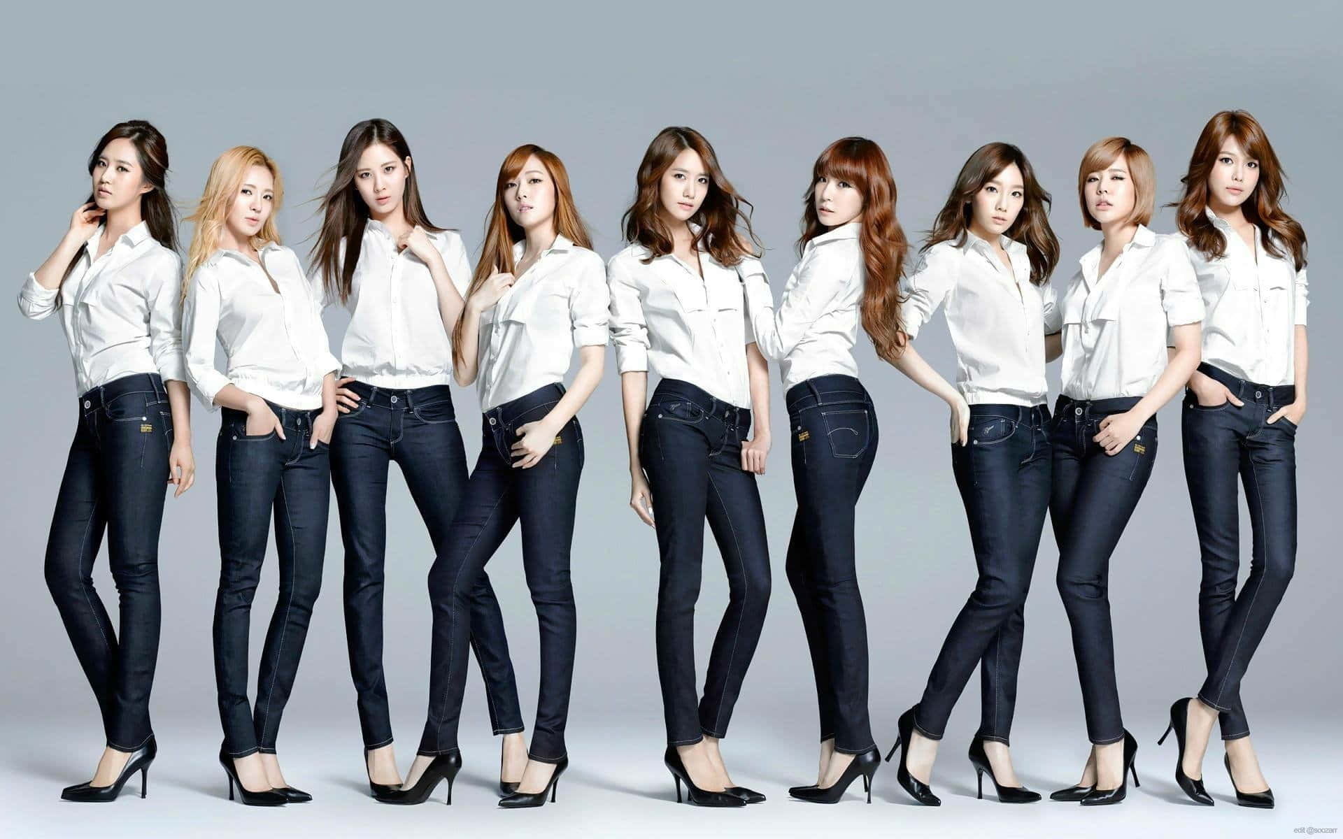 Girls Generation Group Photoin White Shirtsand Jeans Wallpaper