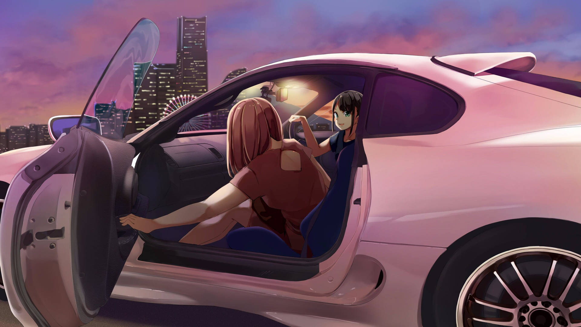 Girls Inside Toyota Supra Car Anime Wallpaper