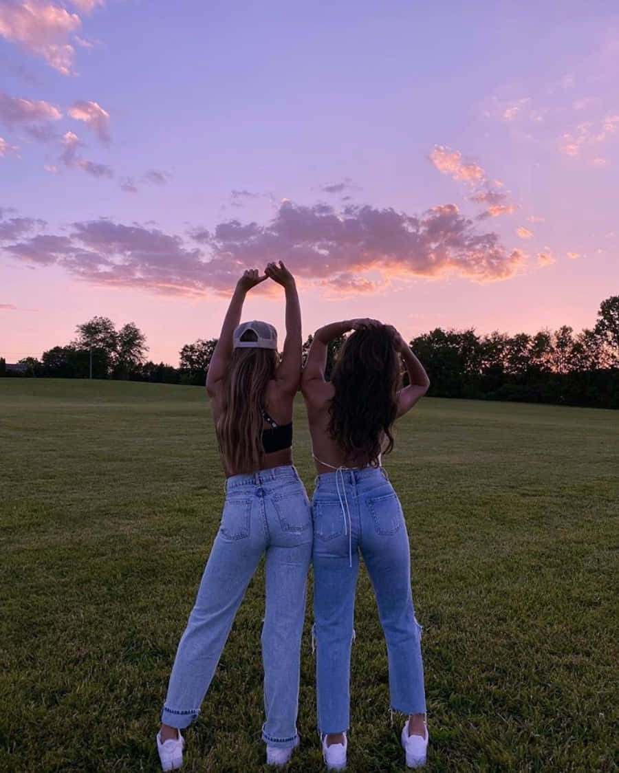 Two Girls Standing In A Field At Sunset