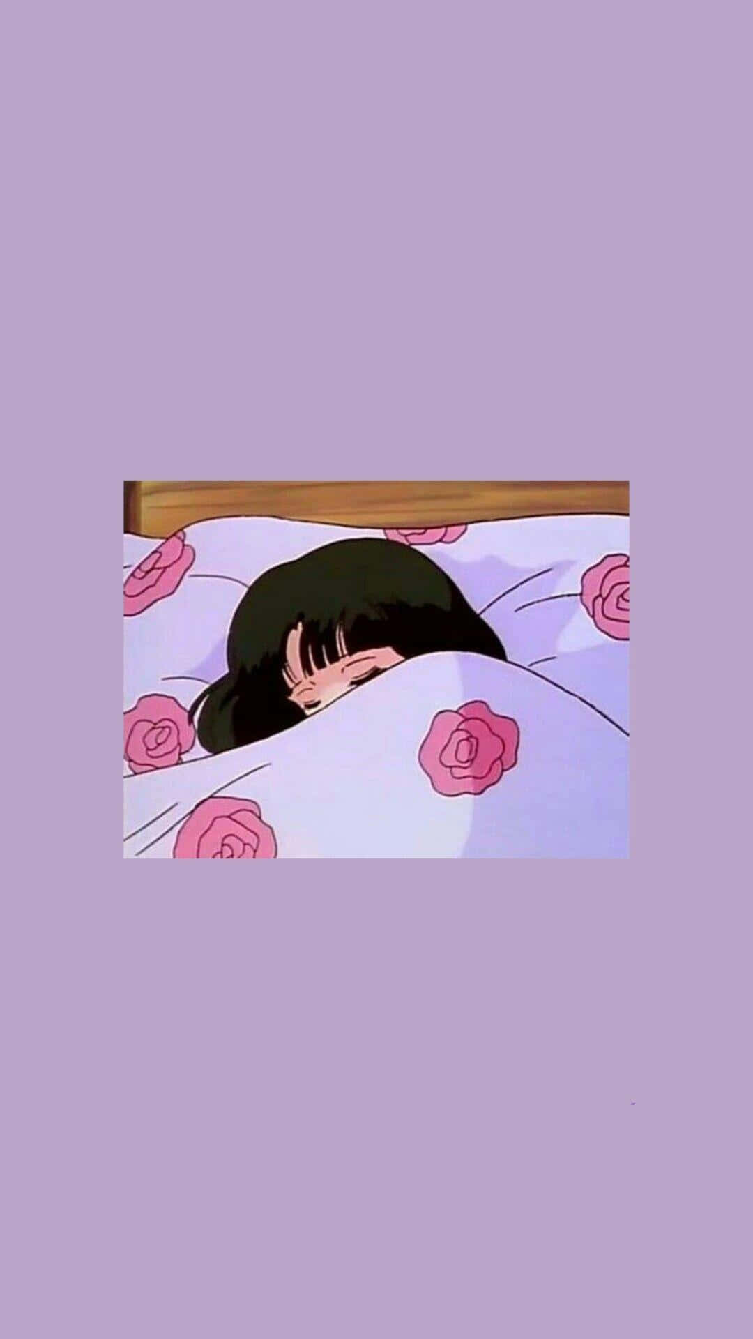 En pige ligger i sengen med en pink pude. Wallpaper