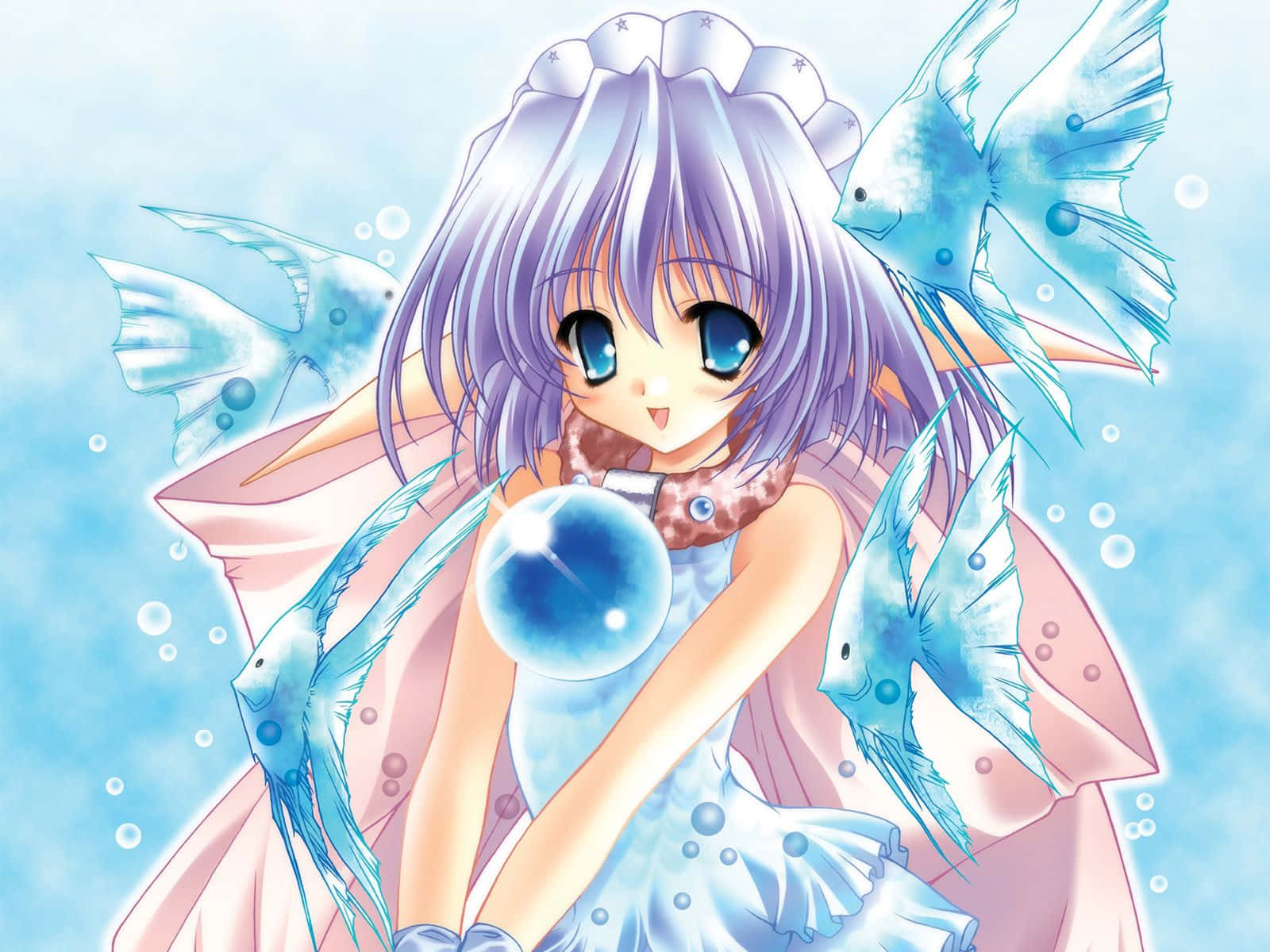 Girly Cute Anime With Blue Fish Wallpaper