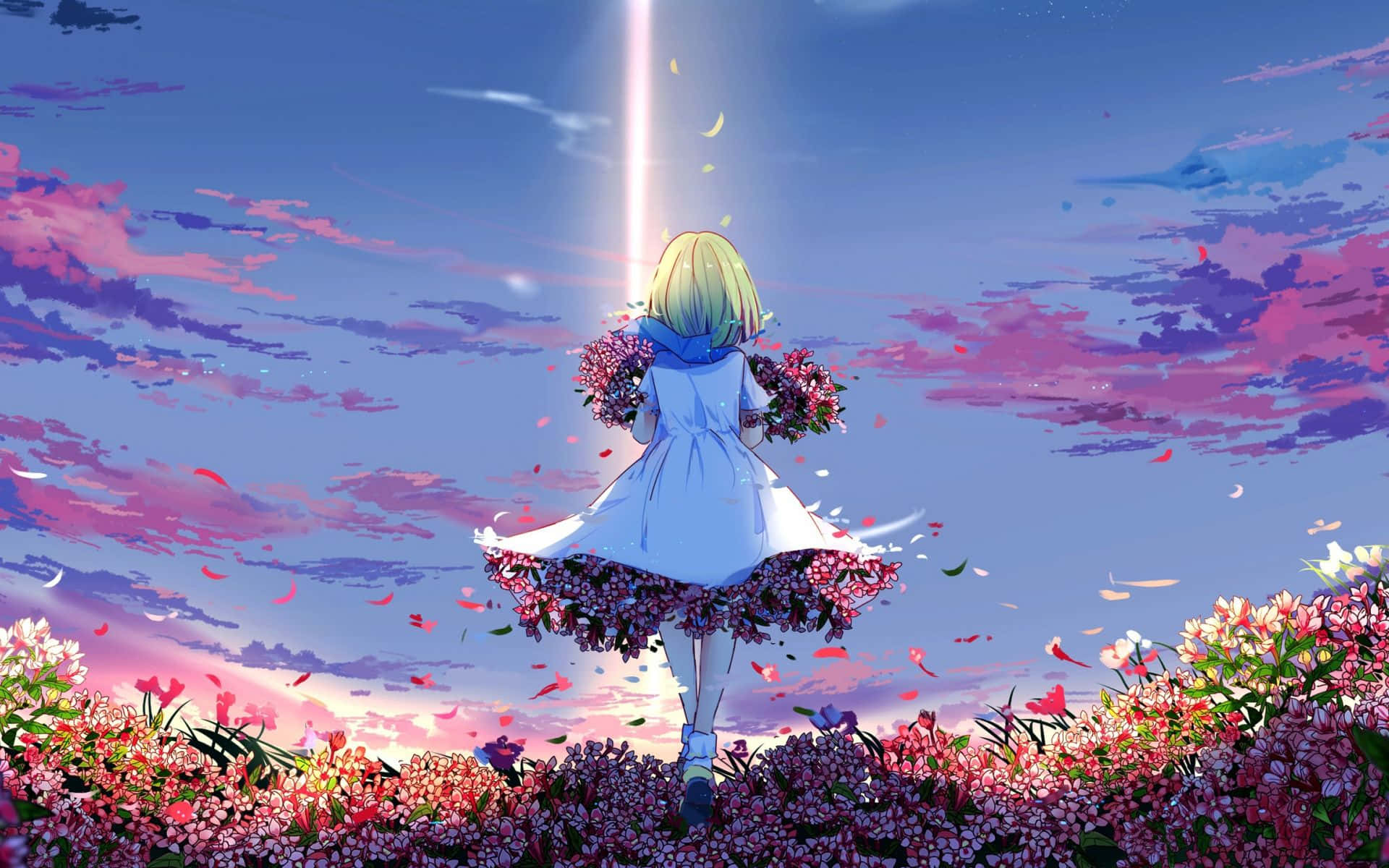 a girl in a white dress standing in a field of flowers Wallpaper