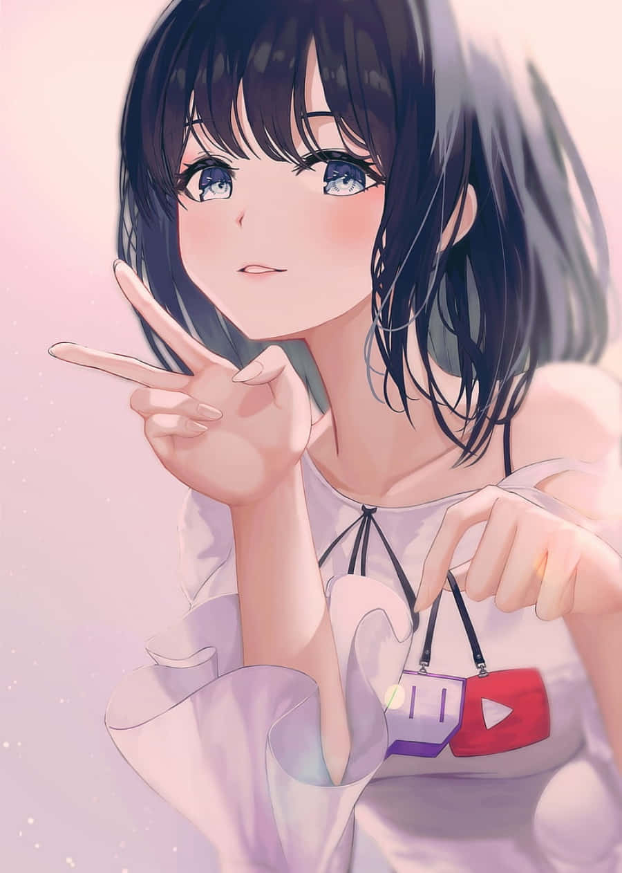Download Girly Cute Anime Doing Peace Sign Wallpaper 