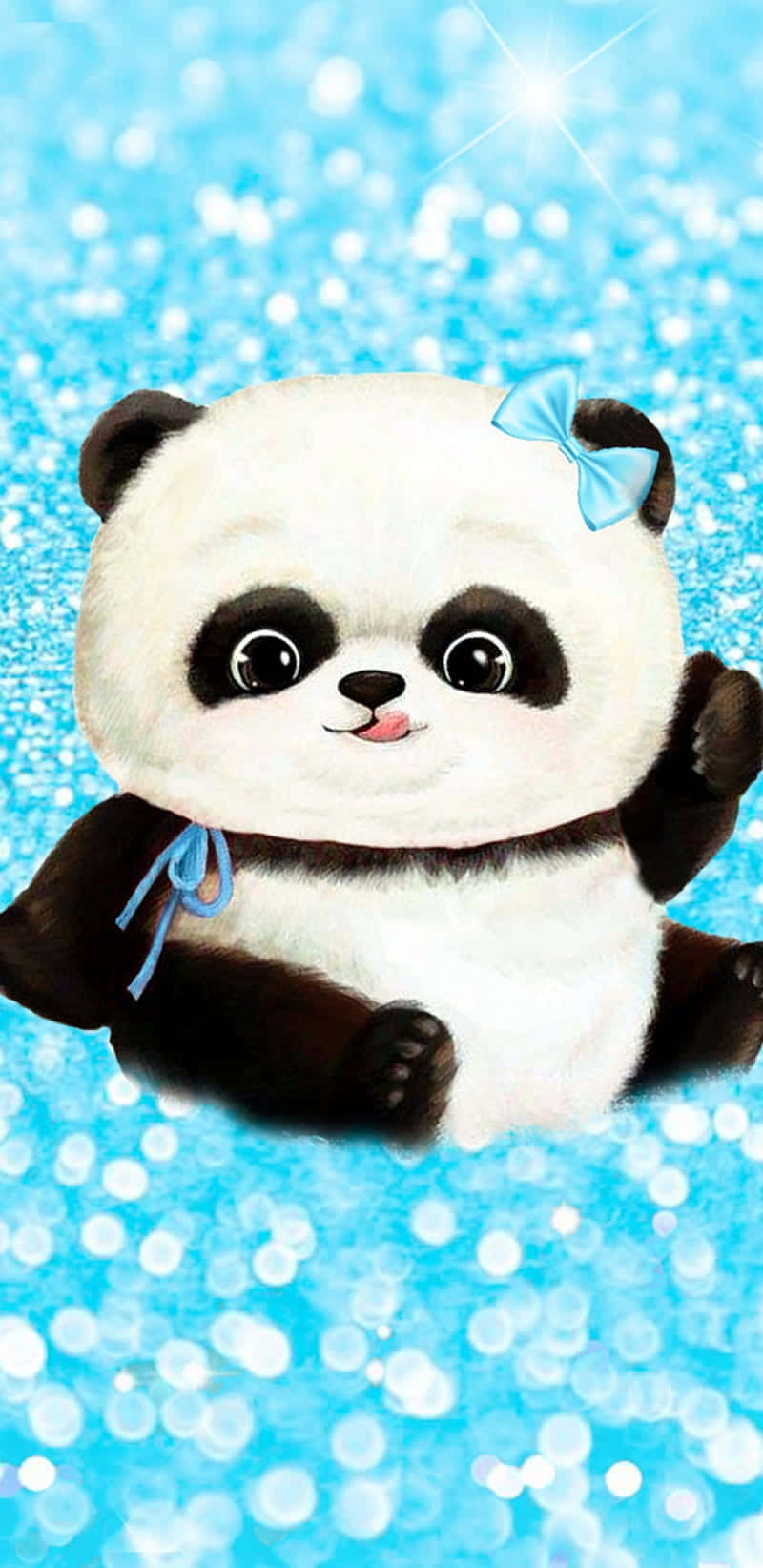Girly Cute Panda Blue Ribbon Wallpaper
