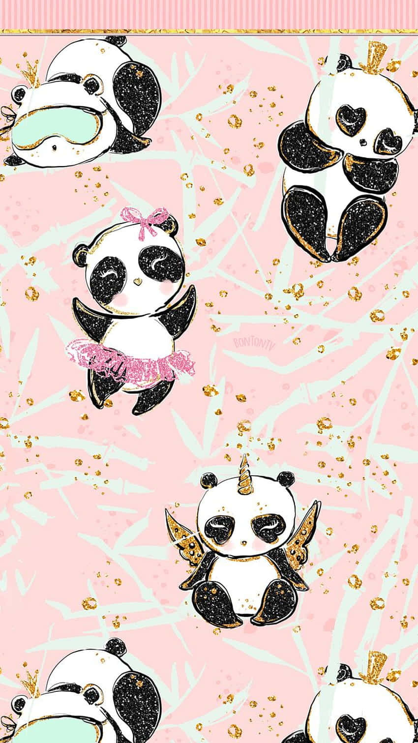 Girly Cute Panda Pastel Gold Wallpaper