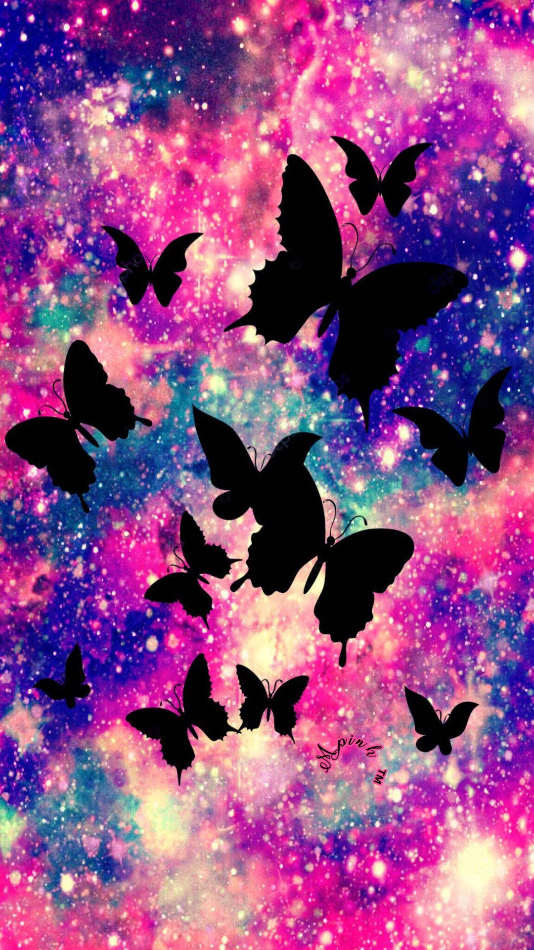 Girly Galaxy With Butterfly Silhouettes Wallpaper